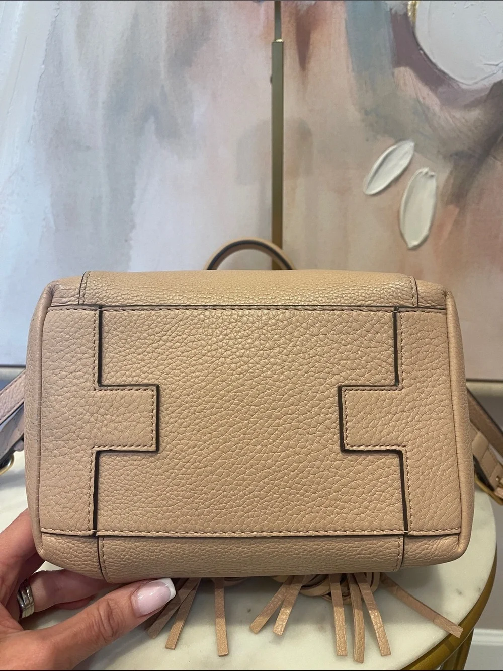 Tory Burch Pebbled Leather Tassel Backpack in Light Beige
